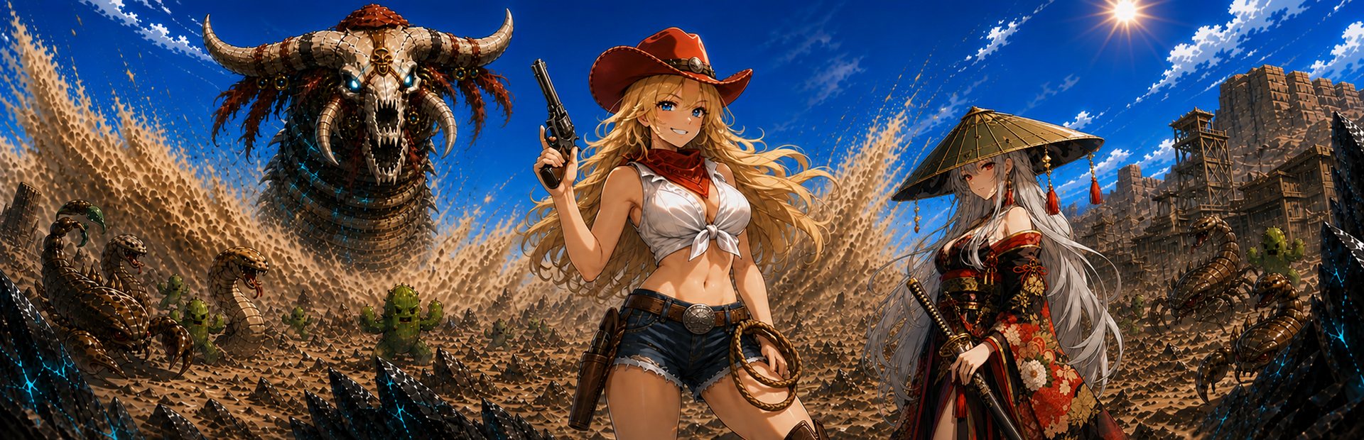 Lucy firing a revolver in the badlands as the Sandworm Queen rises behind her.