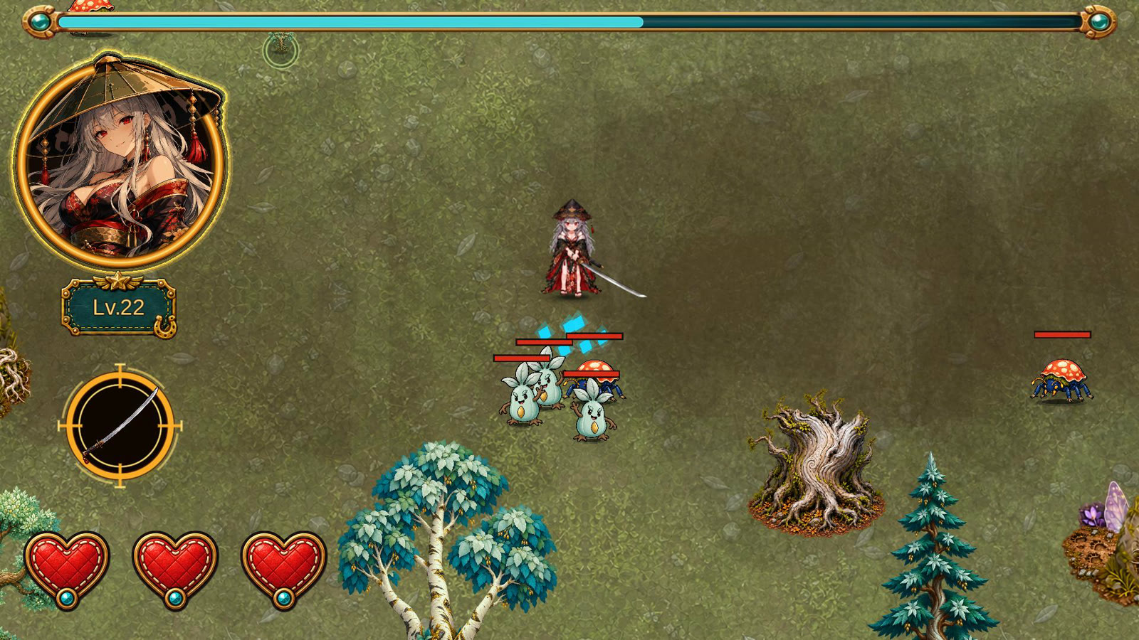 Mei striking forest enemies with a sword.