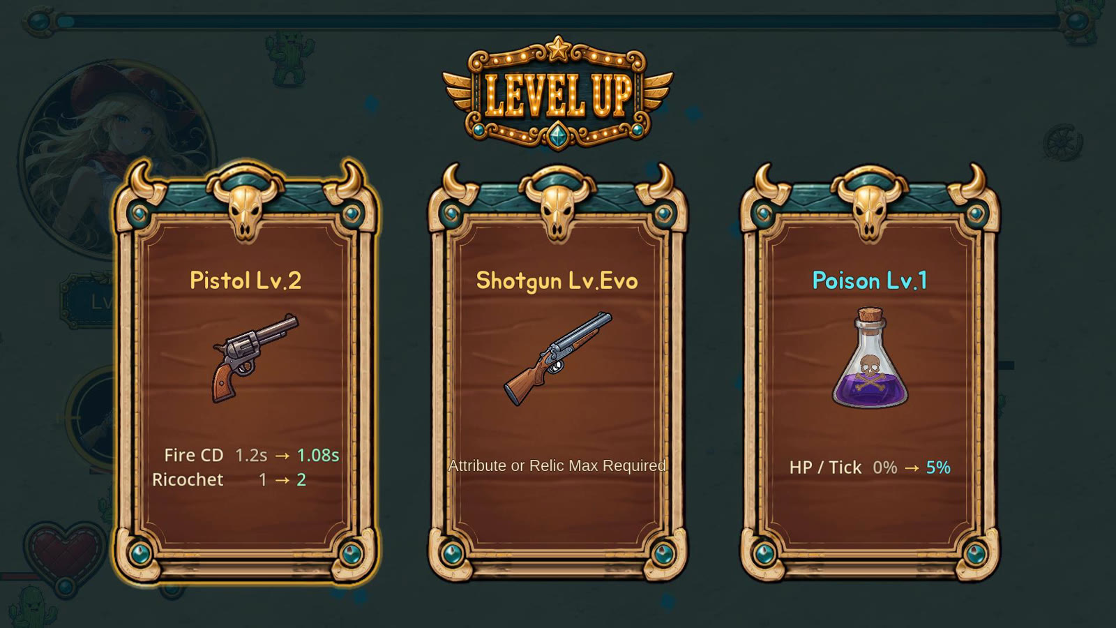 The level-up card selection screen during a run.