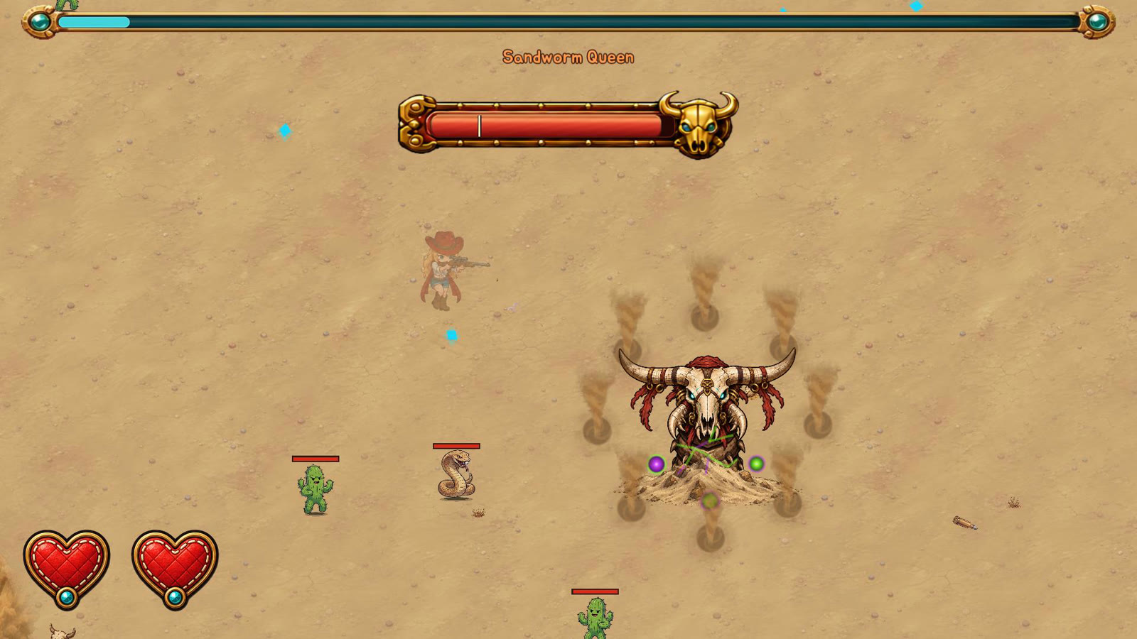 The Sandworm Queen boss surfacing in the desert.