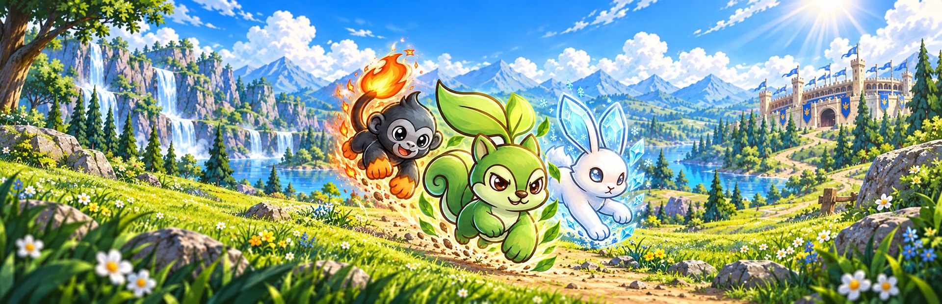 Charko, Sprigo and Bingtu racing across a sunny meadow toward a castle.